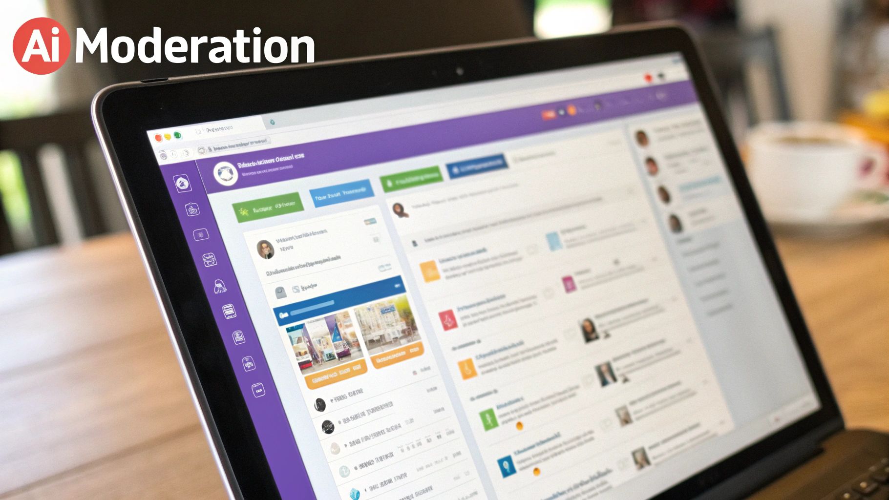A laptop screen showing an AI moderation dashboard with social media content and user profiles.