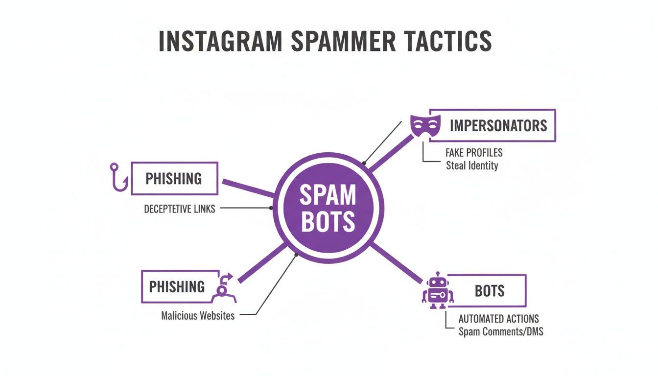 Infographic detailing Instagram spammer tactics, including phishing, impersonators, and automated spam bots.