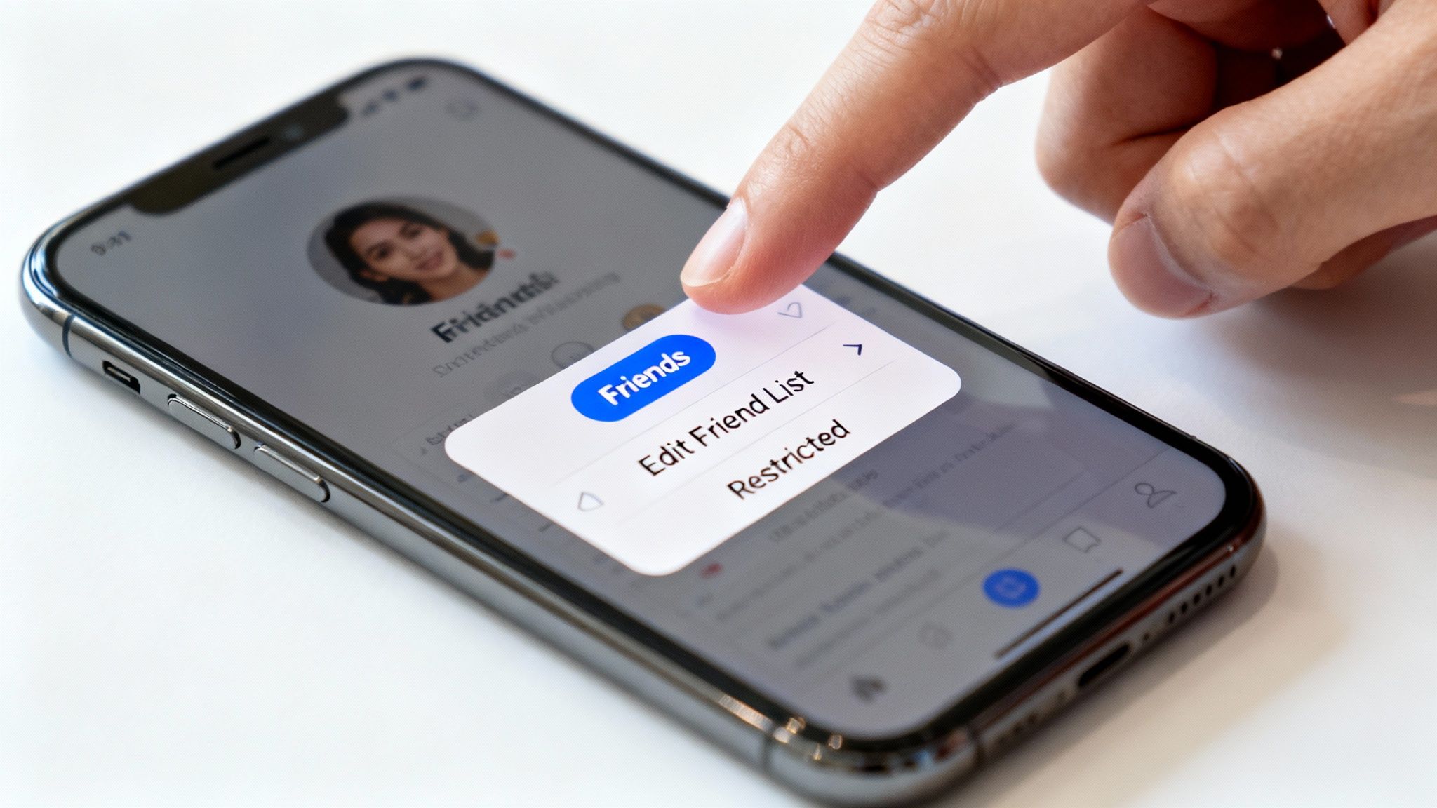 A finger taps an iPhone screen displaying a social media menu with 'Friends' and 'Restricted' options.