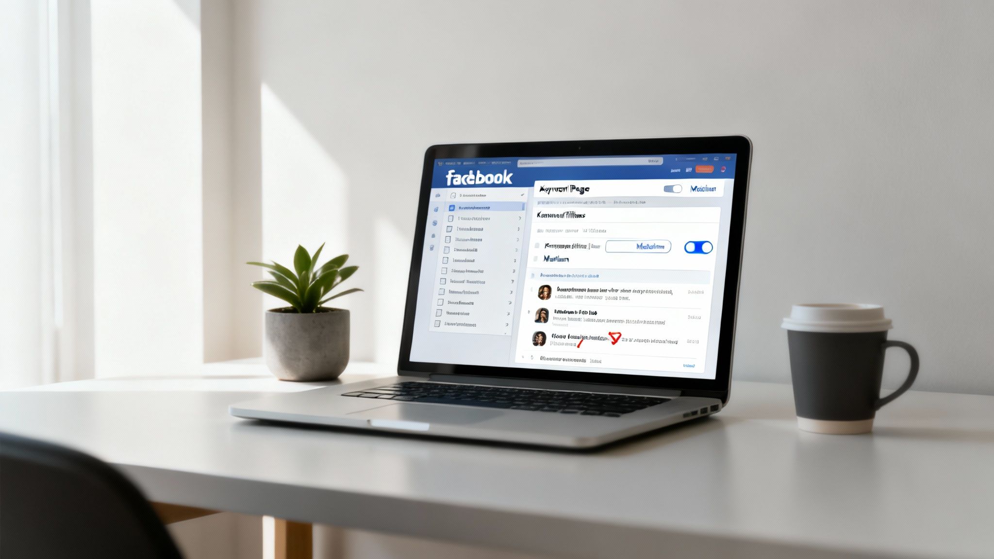 Laptop displaying Facebook privacy settings page for managing comment visibility on posts