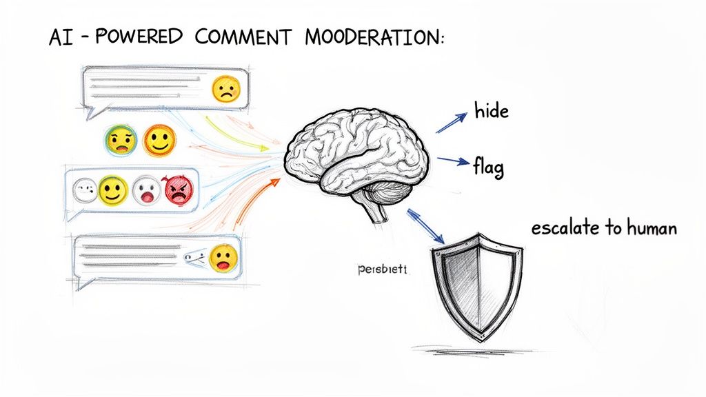 An illustration of AI-powered comment moderation, showing comments processed by a brain leading to actions like hide, flag, or human escalation.