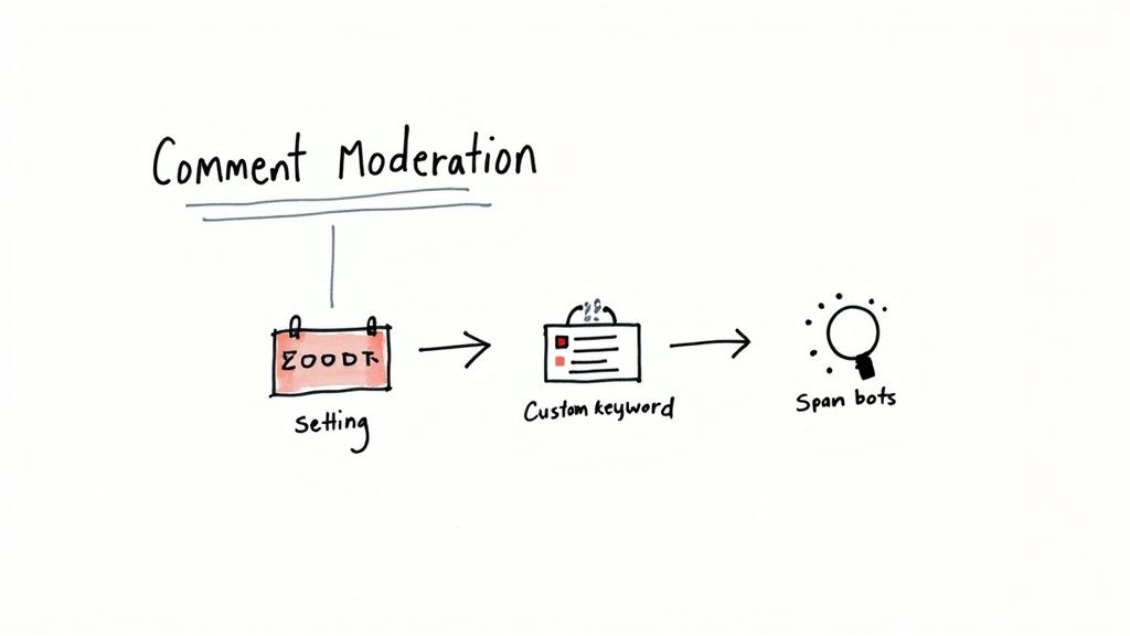 A diagram illustrates comment moderation flow from settings and custom keywords to detecting spam bots.