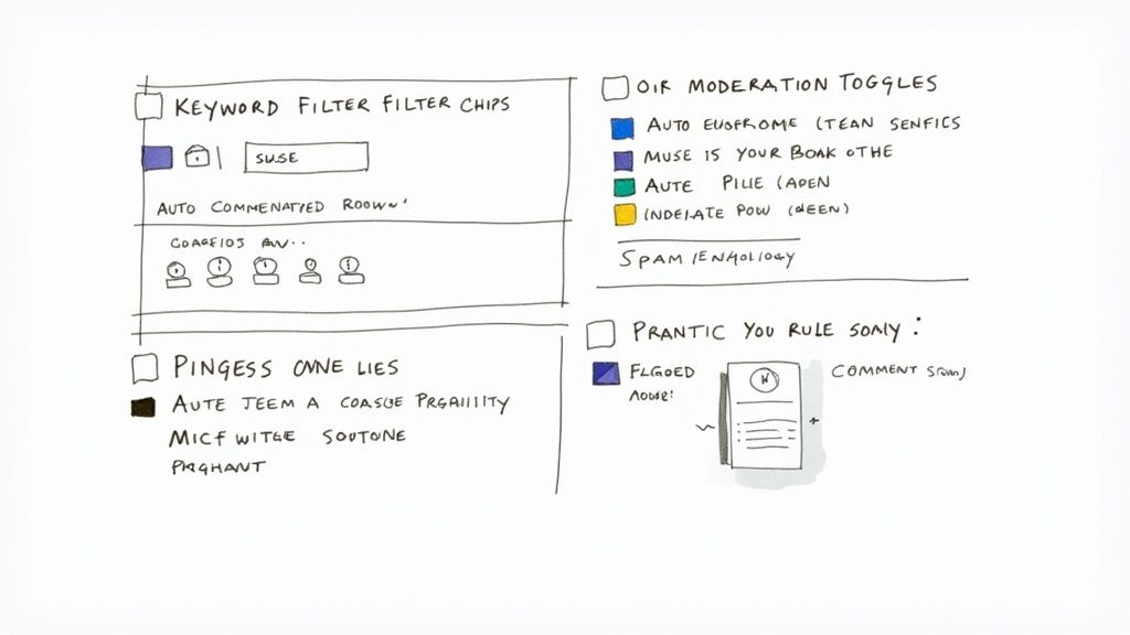 A hand-drawn sketch of UI controls for keyword filtering and moderation toggles, with various placeholder text.