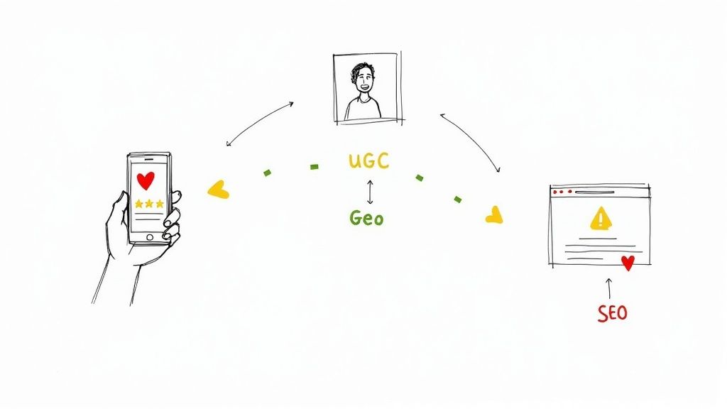 A diagram illustrating the connection between user-generated content, geo-location, and SEO for online reputation.