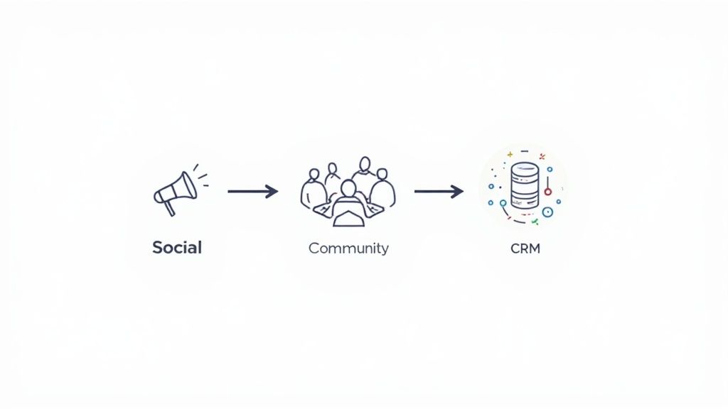 A diagram illustrating the flow from social engagement to community, then to CRM integration.