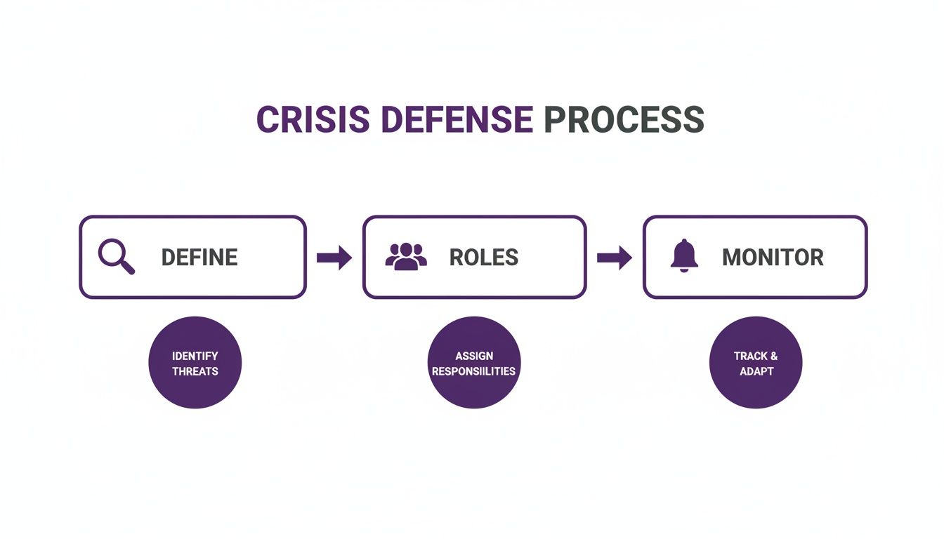 A visual flowchart outlining the three-step crisis defense process: Define, Roles, and Monitor.