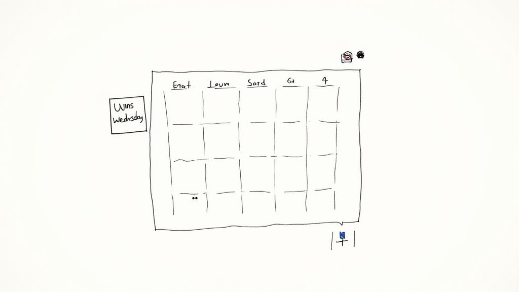 A person is sitting at a desk with a laptop, planning a content calendar on a large whiteboard filled with sticky notes and ideas.