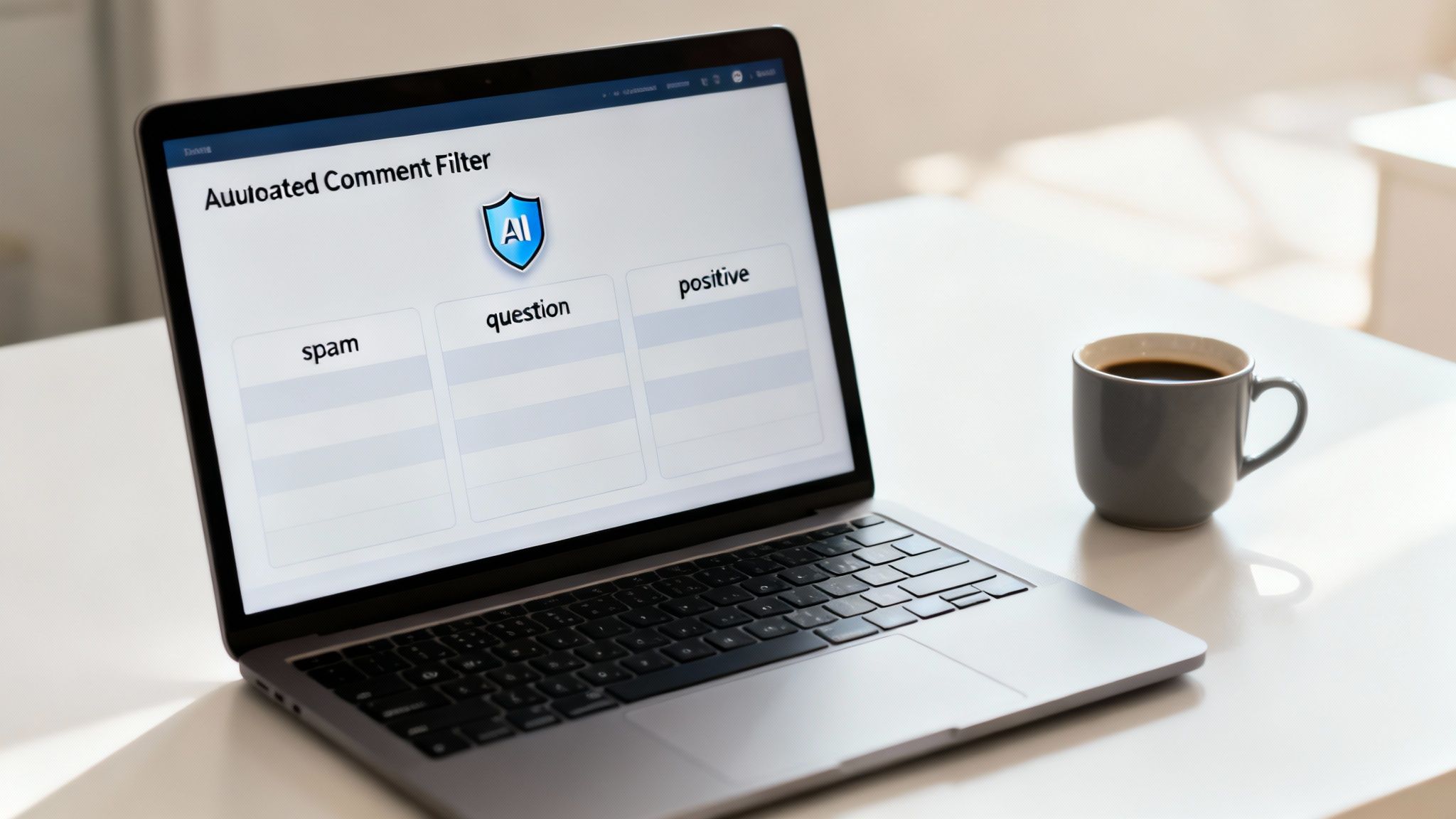 Laptop displaying an 'Automated Comment Filter' UI with AI logo, next to a coffee mug.