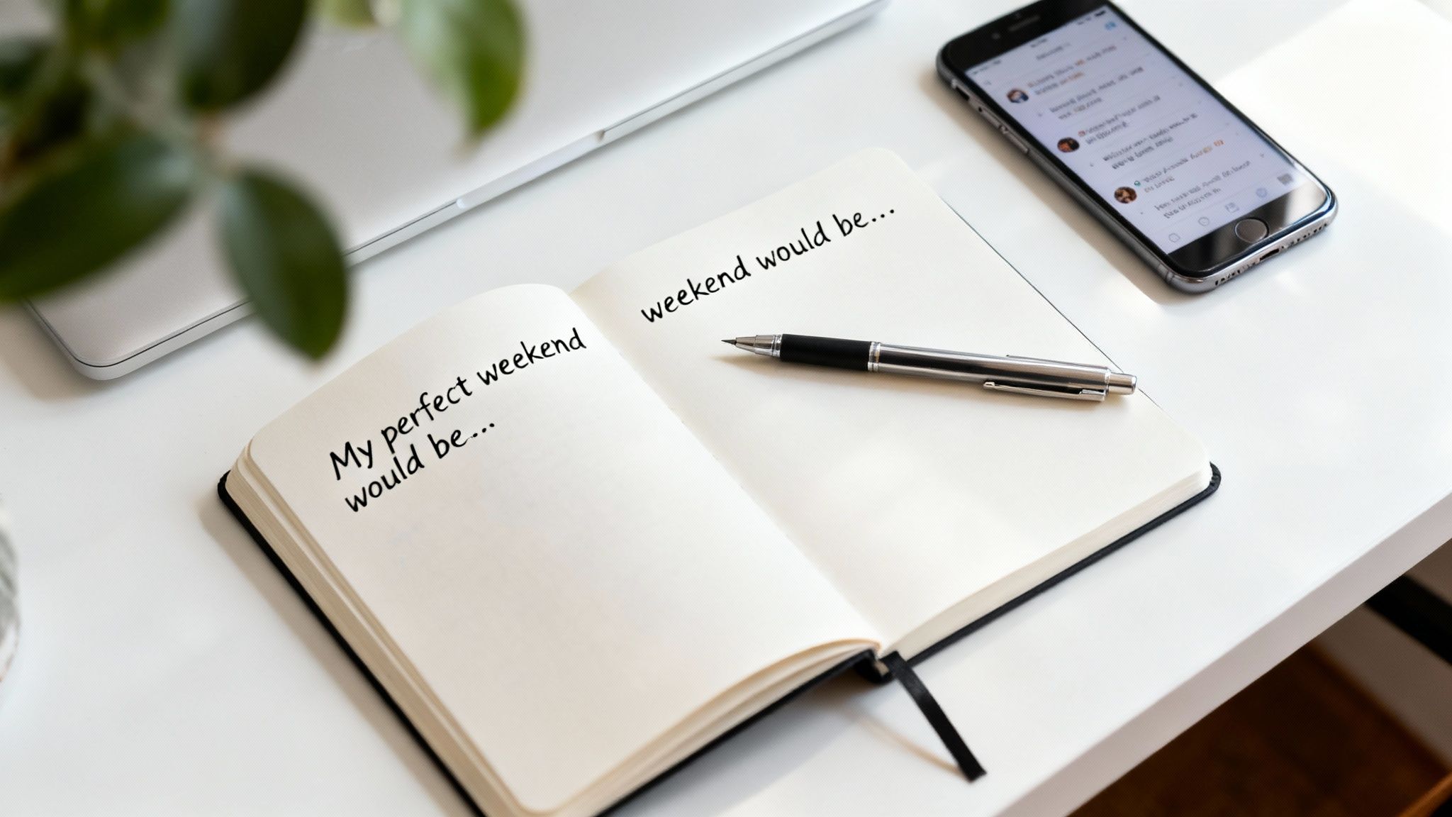 A notebook open on a white desk with 'My perfect weekend would be...' written, a pen, and a smartphone.