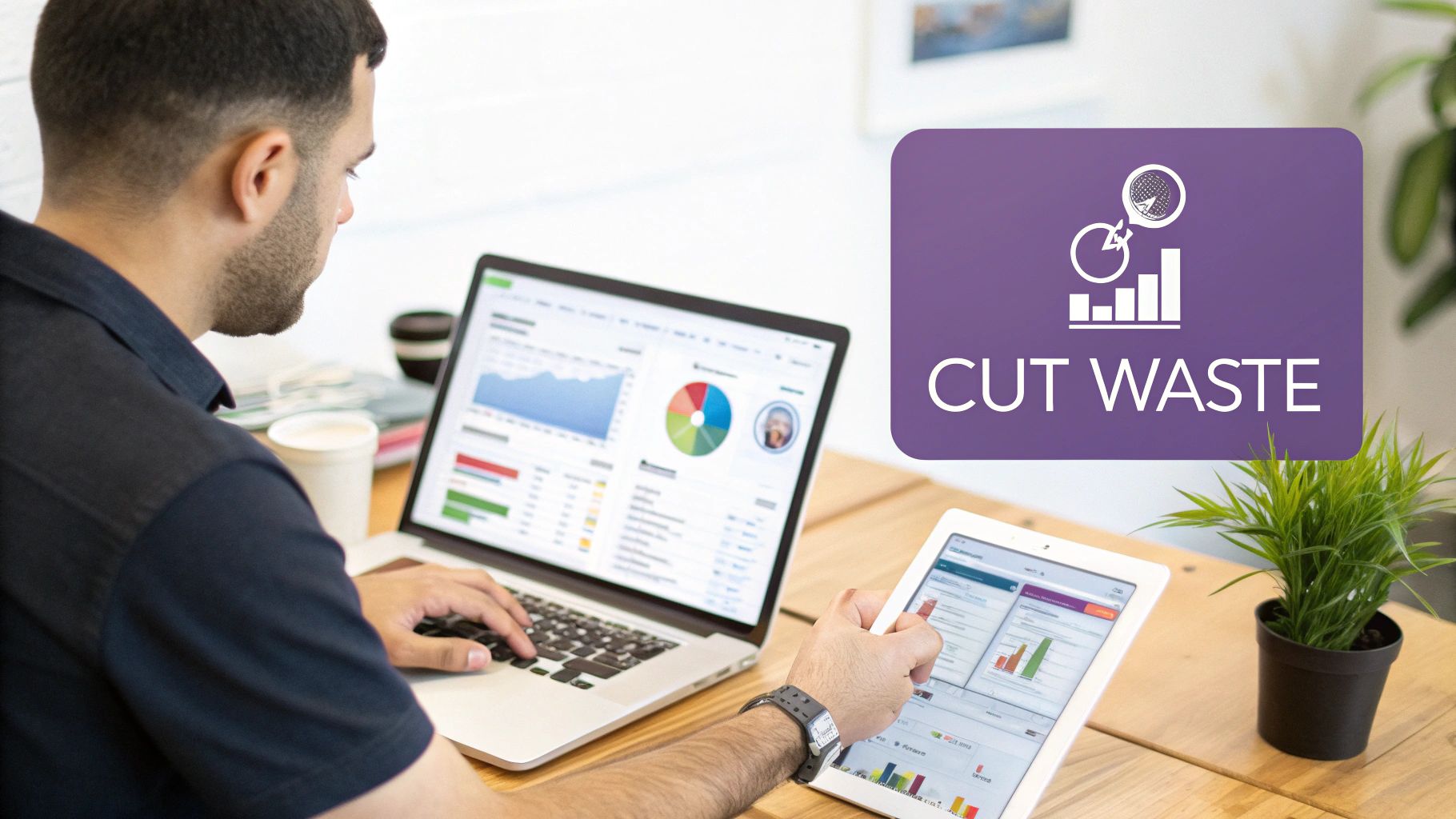 Man analyzing business data on a laptop and tablet, with an overlay saying 'CUT WASTE'.