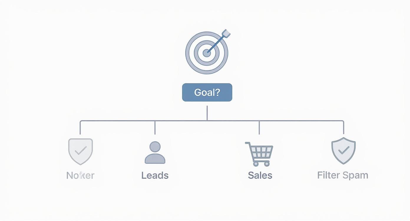 A diagram illustrating a central goal branching into four objectives: Leads, Sales, Filter Spam, and a checked shield icon.