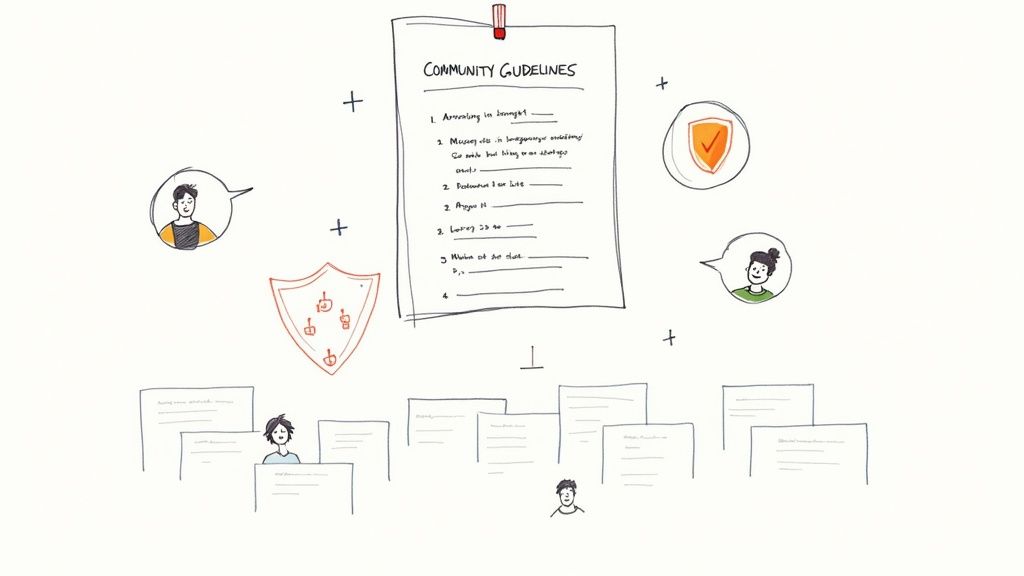 Whiteboard sketch illustrating community guidelines, showing people communicating and documents.