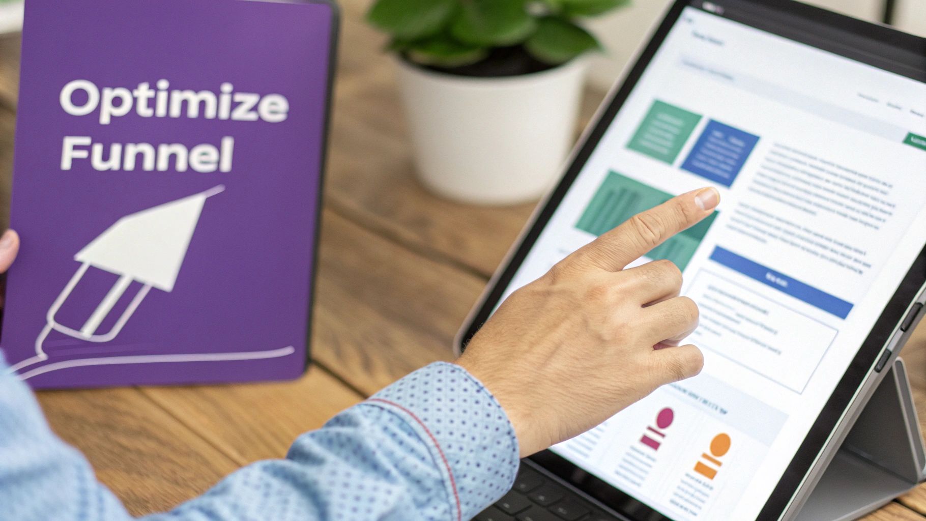 A person optimizes a sales funnel, touching a tablet displaying analytics next to a 'Optimize Funnel' book.