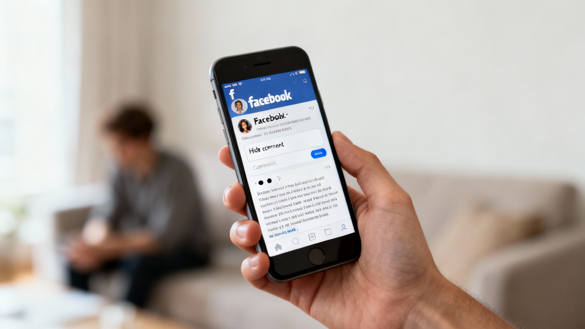 Person holding iPhone displaying Facebook app with hide comment feature on screen