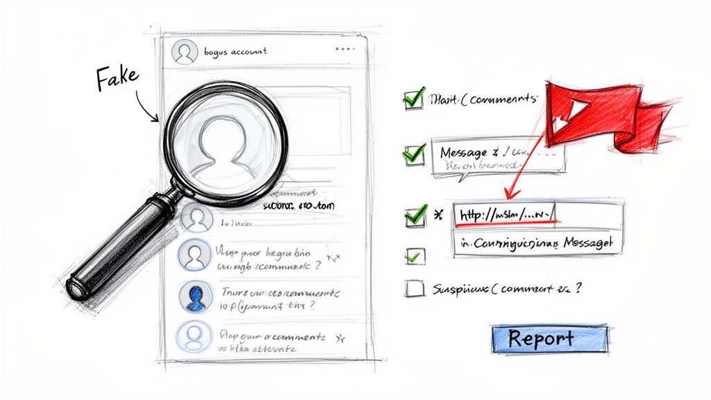 Sketch illustrating how to identify and report fake social media accounts and suspicious spam messages with links.