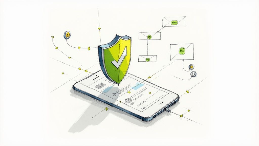 An illustration of a digital shield protecting a social media feed from incoming spam bots, symbolizing automated brand defense.