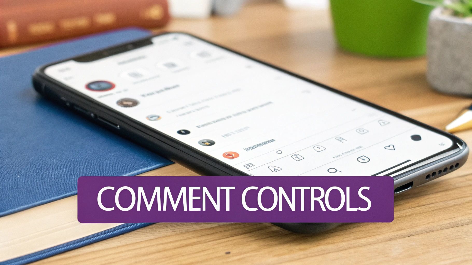 A smartphone on a wooden desk displays a social media app with 'COMMENT CONTROLS' text.