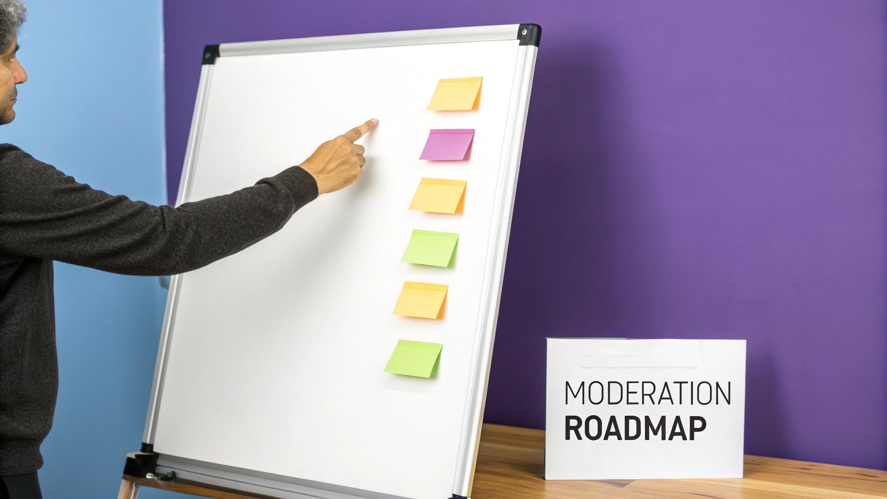 A man points at colorful sticky notes on a whiteboard, next to a 'MODERATION ROADMAP' sign.
