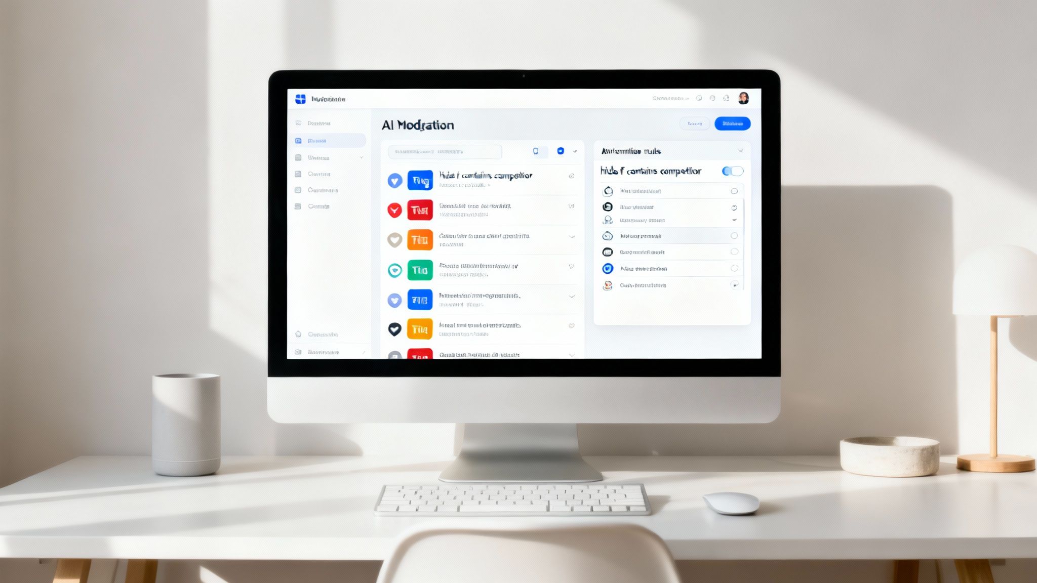 Desktop computer displaying AI moderation dashboard interface with automation rules and comment filtering options
