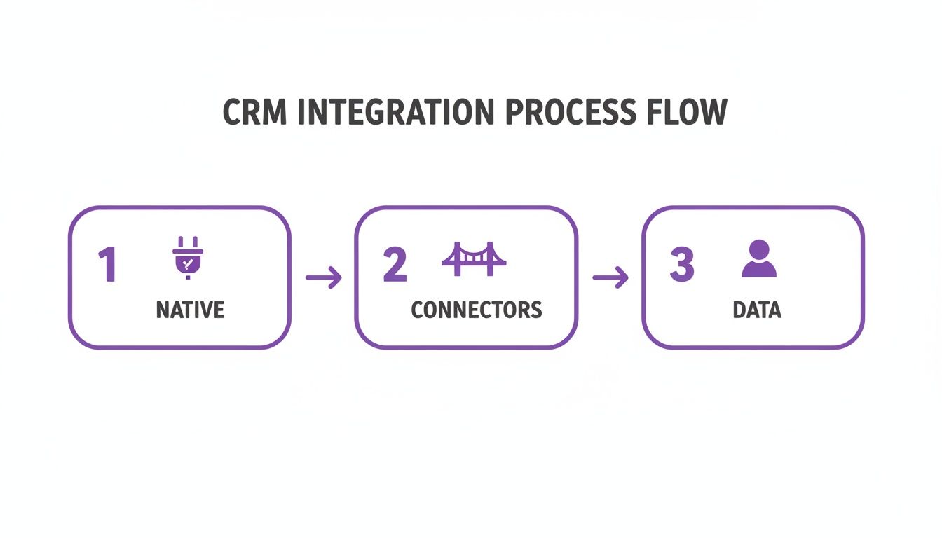 A three-step CRM integration process flow featuring native connections, connectors, and data.