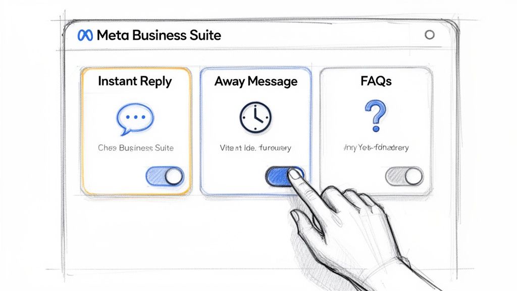 A hand toggles on the 'Away Message' feature within the Meta Business Suite interface, shown as a sketch.