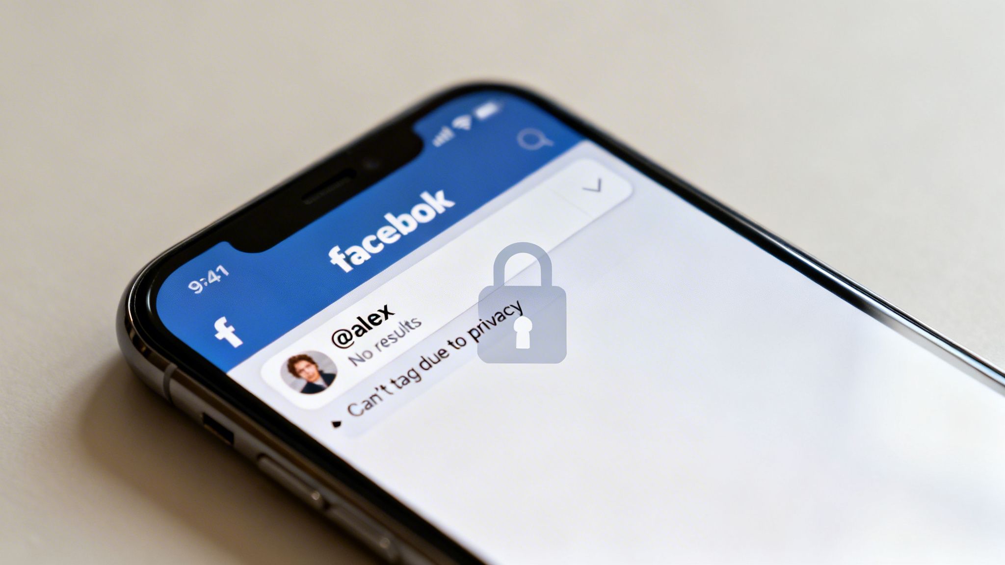 A smartphone screen showing the Facebook app with a privacy message and a padlock icon.