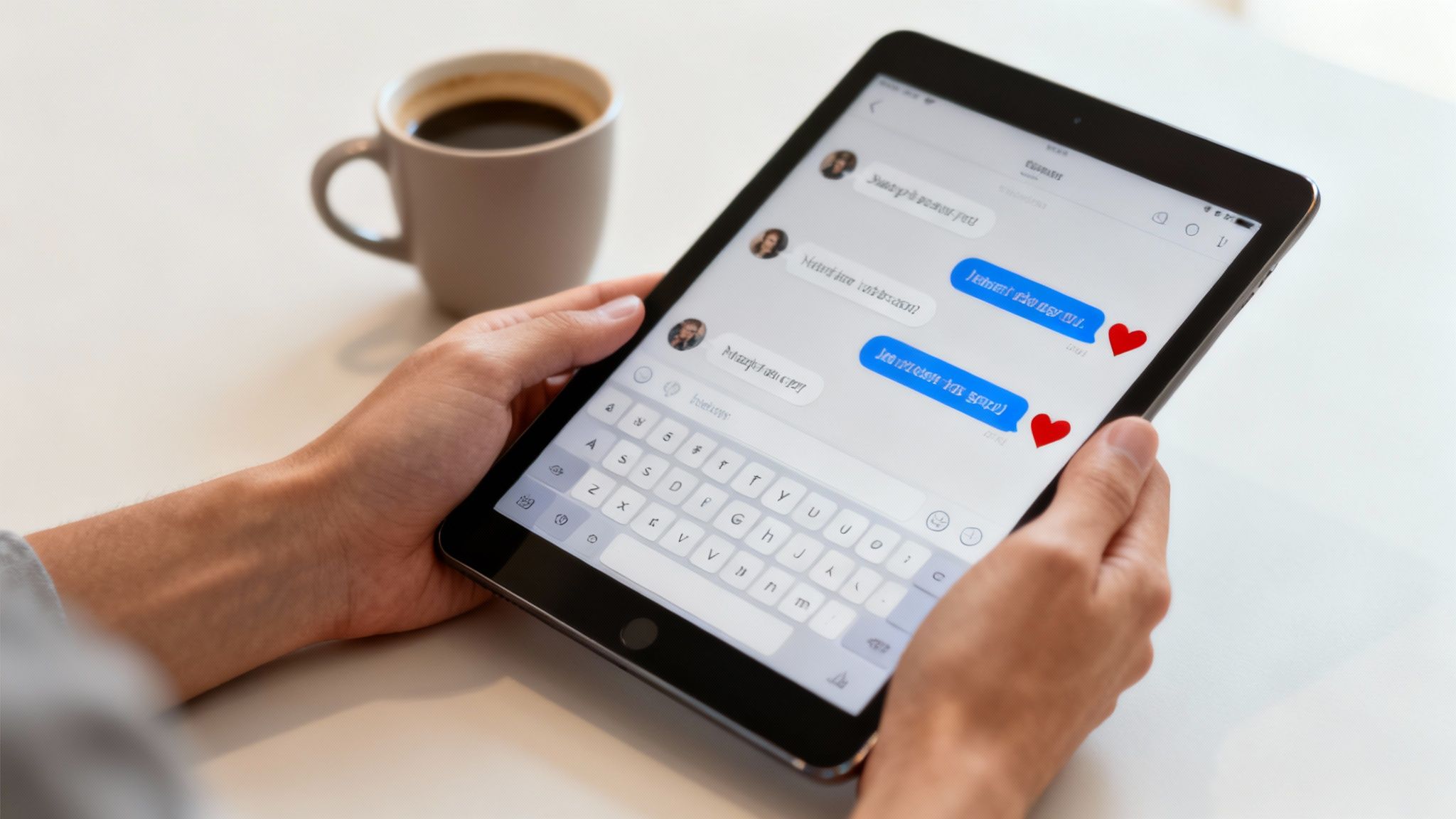 Person holding tablet with messaging app displaying conversation with heart reactions and coffee cup