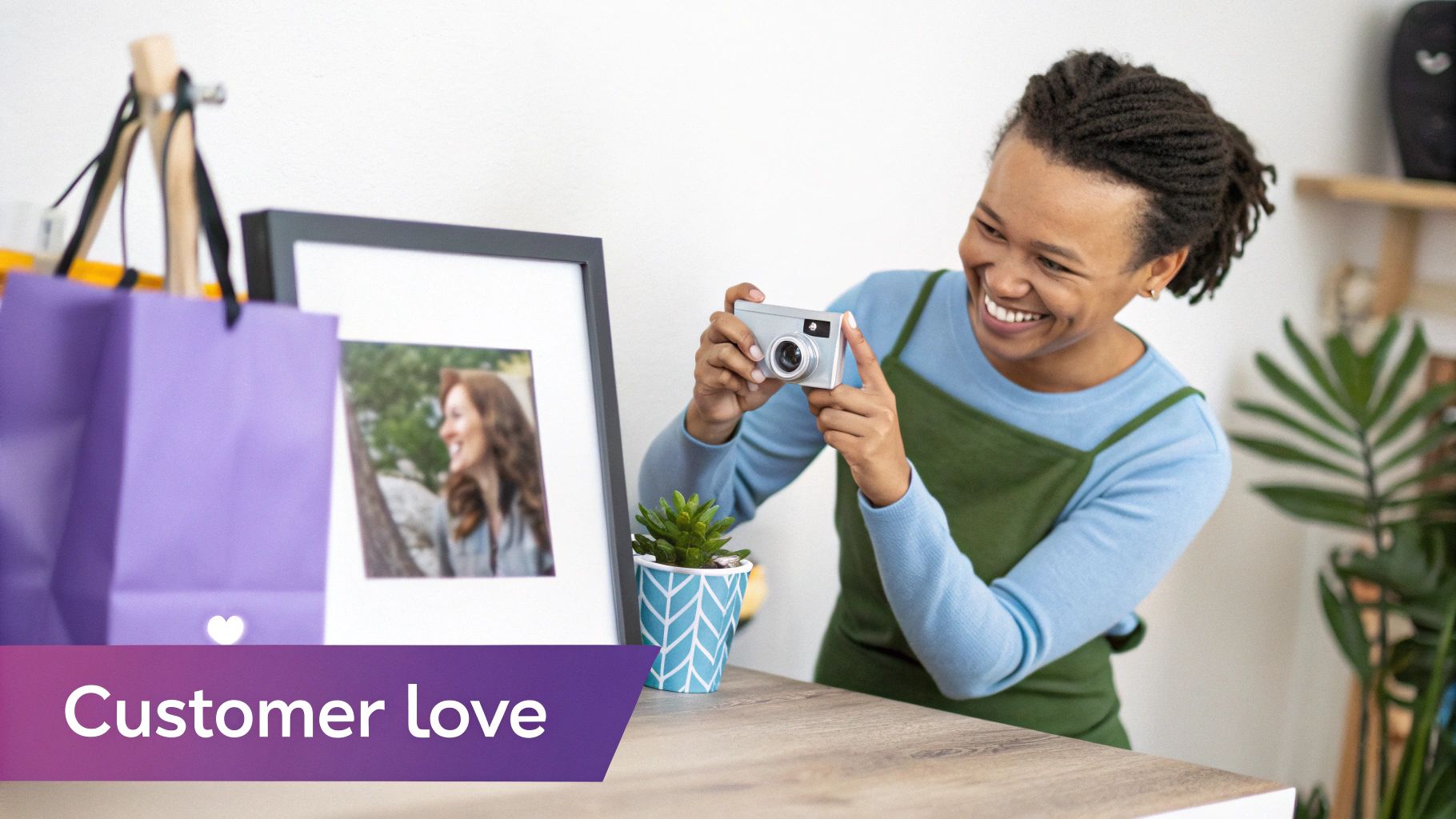 A smiling person with dreadlocks takes a picture of a framed photo and plant with a small camera.