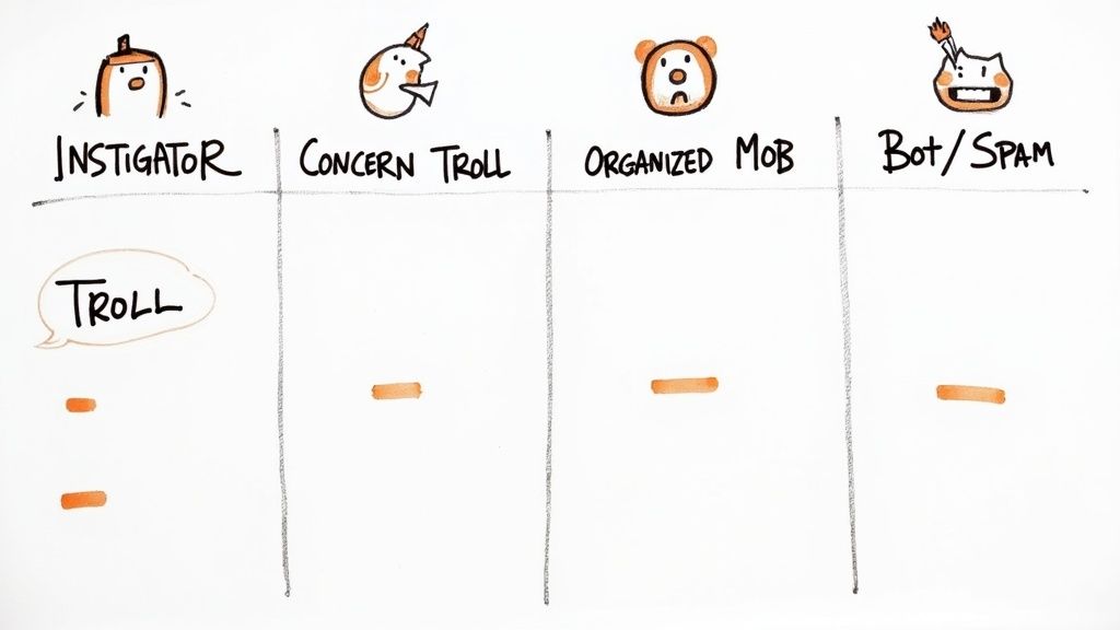 A collage of different cartoonish troll faces, each representing a different personality type.