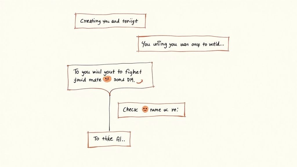 A handwritten flowchart diagram with interconnected boxes containing playful text and emojis, illustrating an automated process.