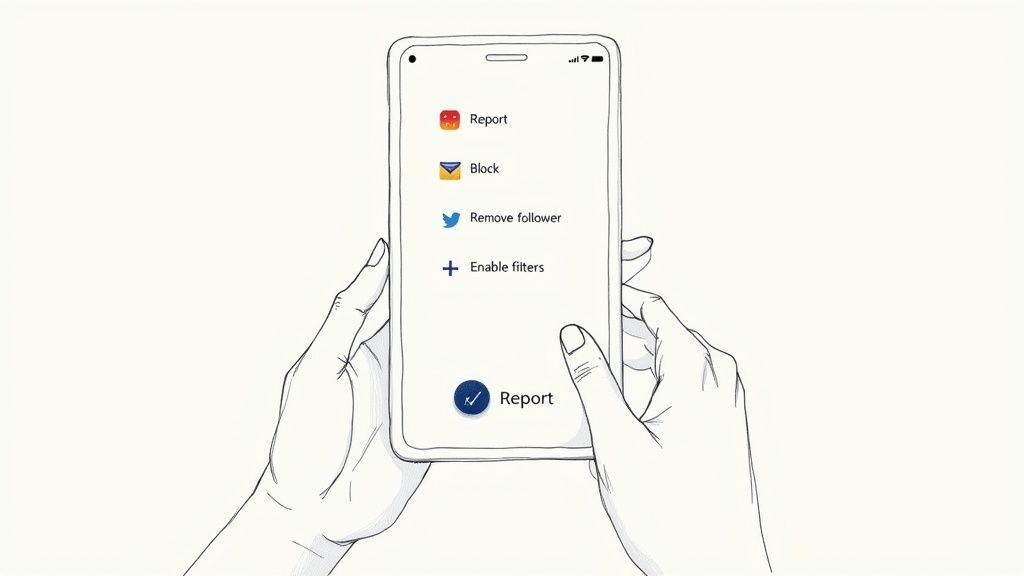 Hands holding a smartphone displaying a menu with options to report, block, remove follower, and enable filters.