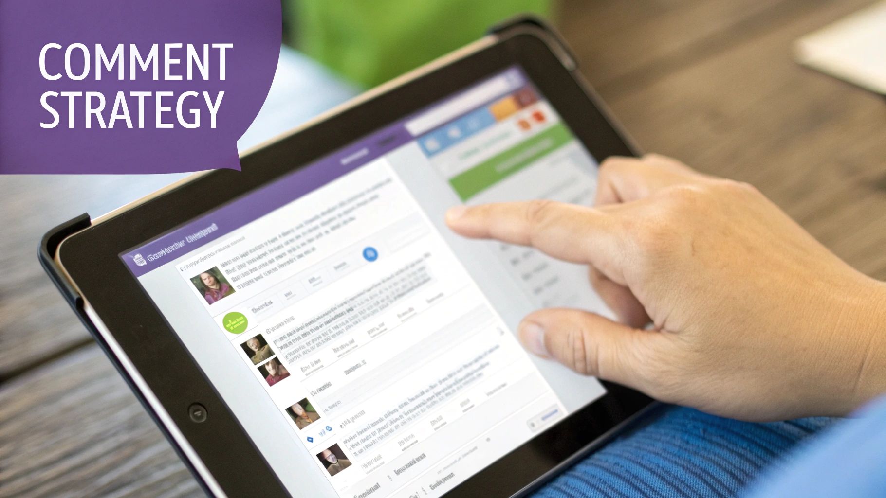 A person's hand touches a tablet screen displaying social media comments and profiles, with 'COMMENT STRATEGY' overlay.