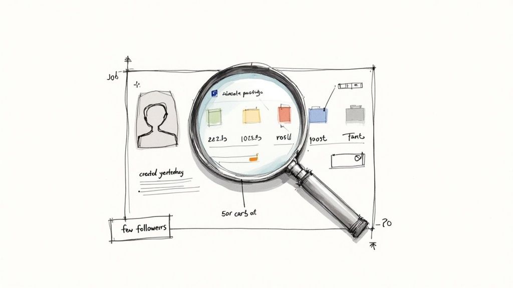 A magnifying glass hovering over a social media profile on a phone, highlighting suspicious details like a generic username and no profile picture.