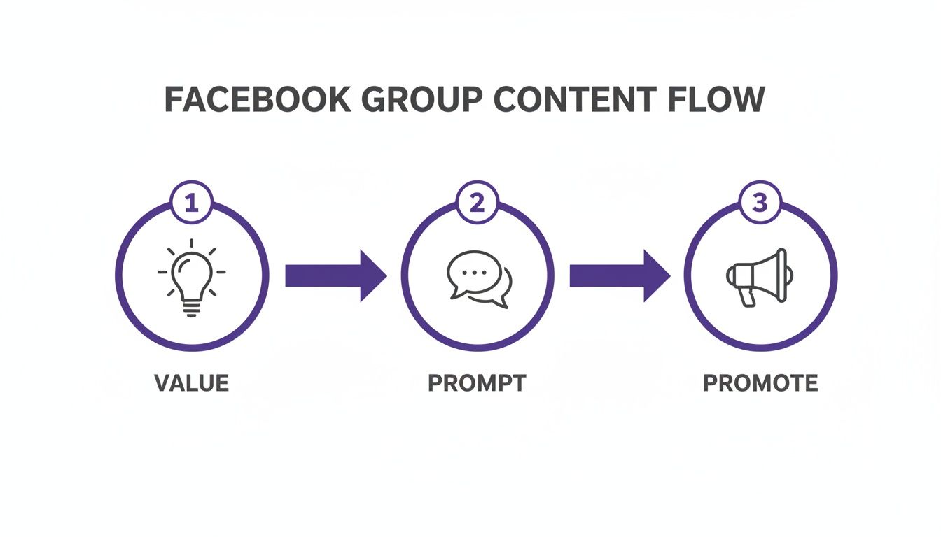 Flowchart illustrating a three-step Facebook Group content strategy: Value, Prompt, and Promote, with icons.