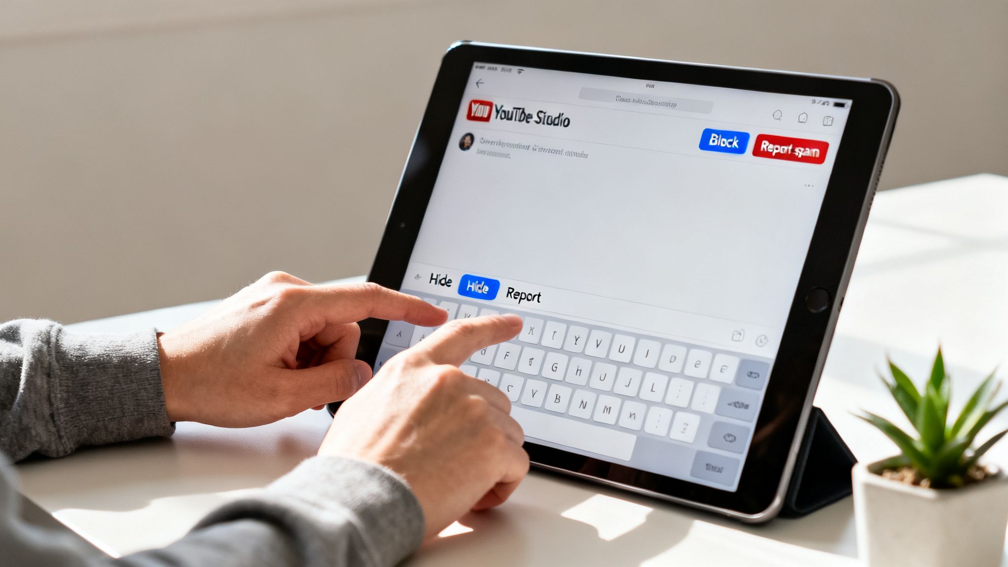 Close-up of a person's hands using an iPad to manage YouTube comments in YouTube Studio.