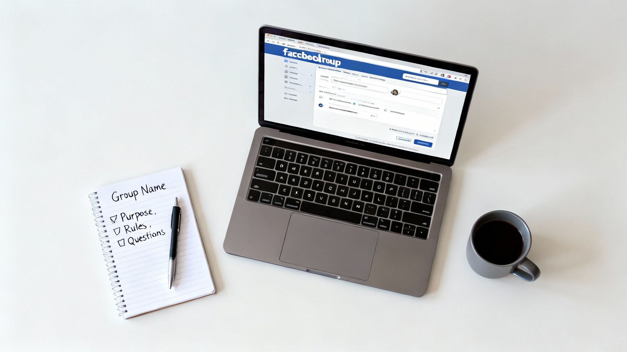 An overhead shot of a laptop displaying a Facebook group page, a notebook for planning, and a coffee mug on a white desk.