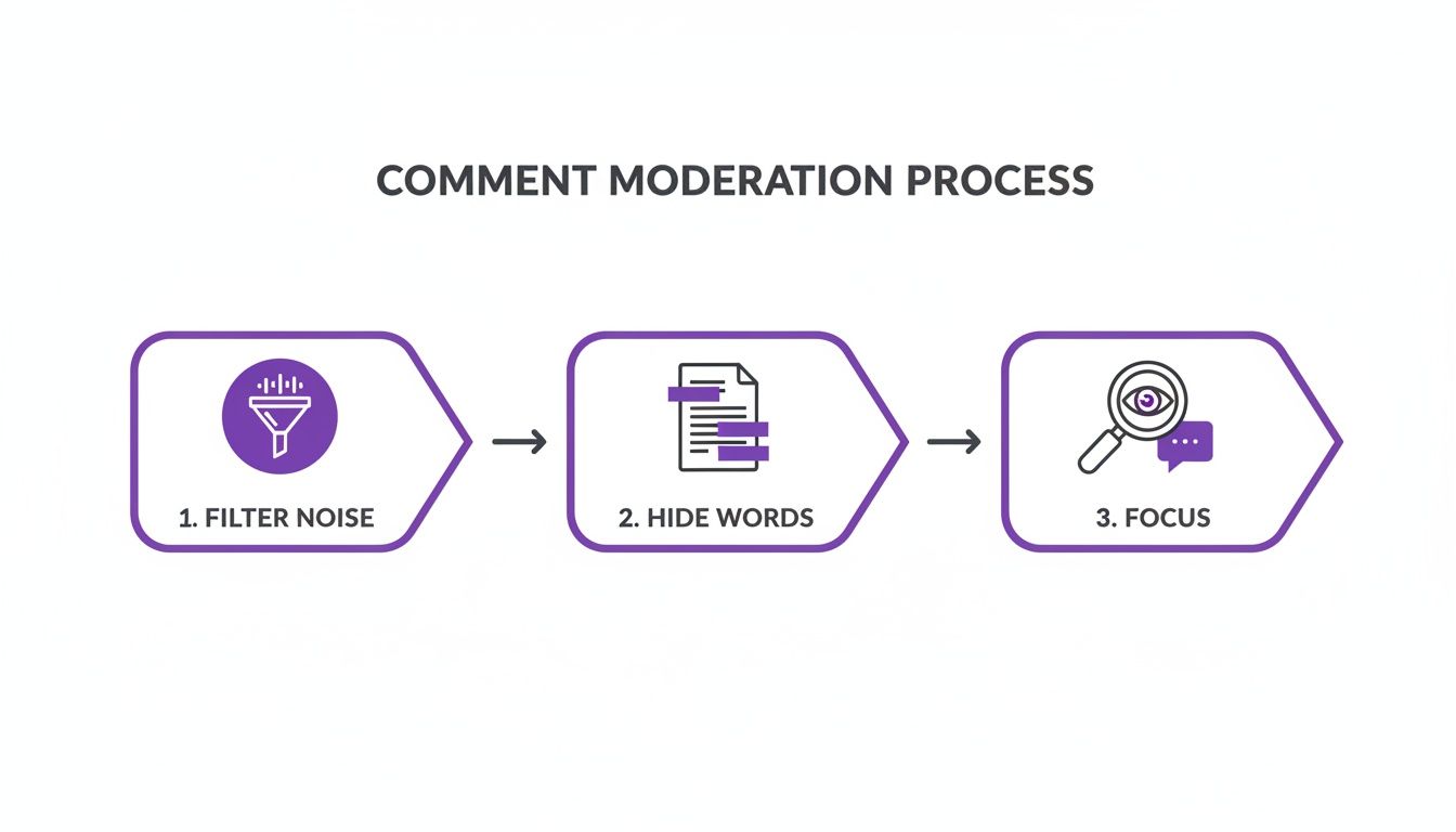 Diagram illustrating a three-step comment moderation process with icons for filtering noise, hiding words, and focusing.