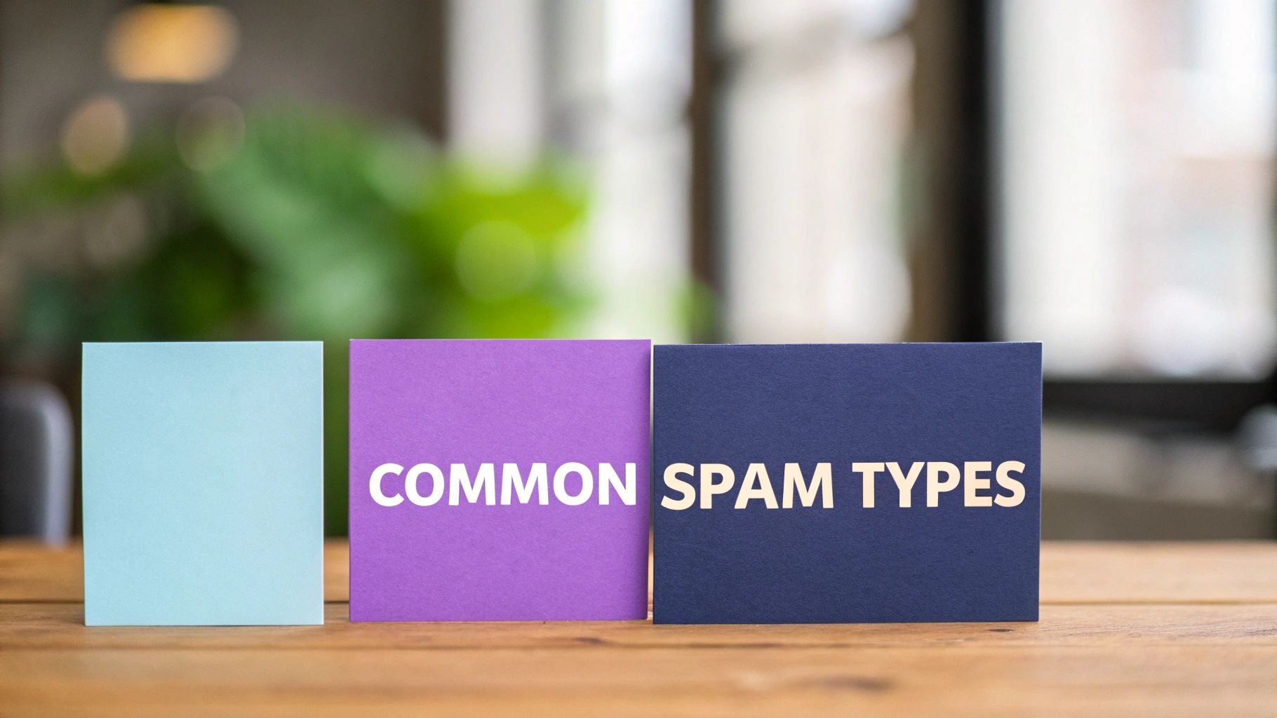 Three colored cards on a wooden table, two displaying the text 'COMMON SPAM TYPES'.