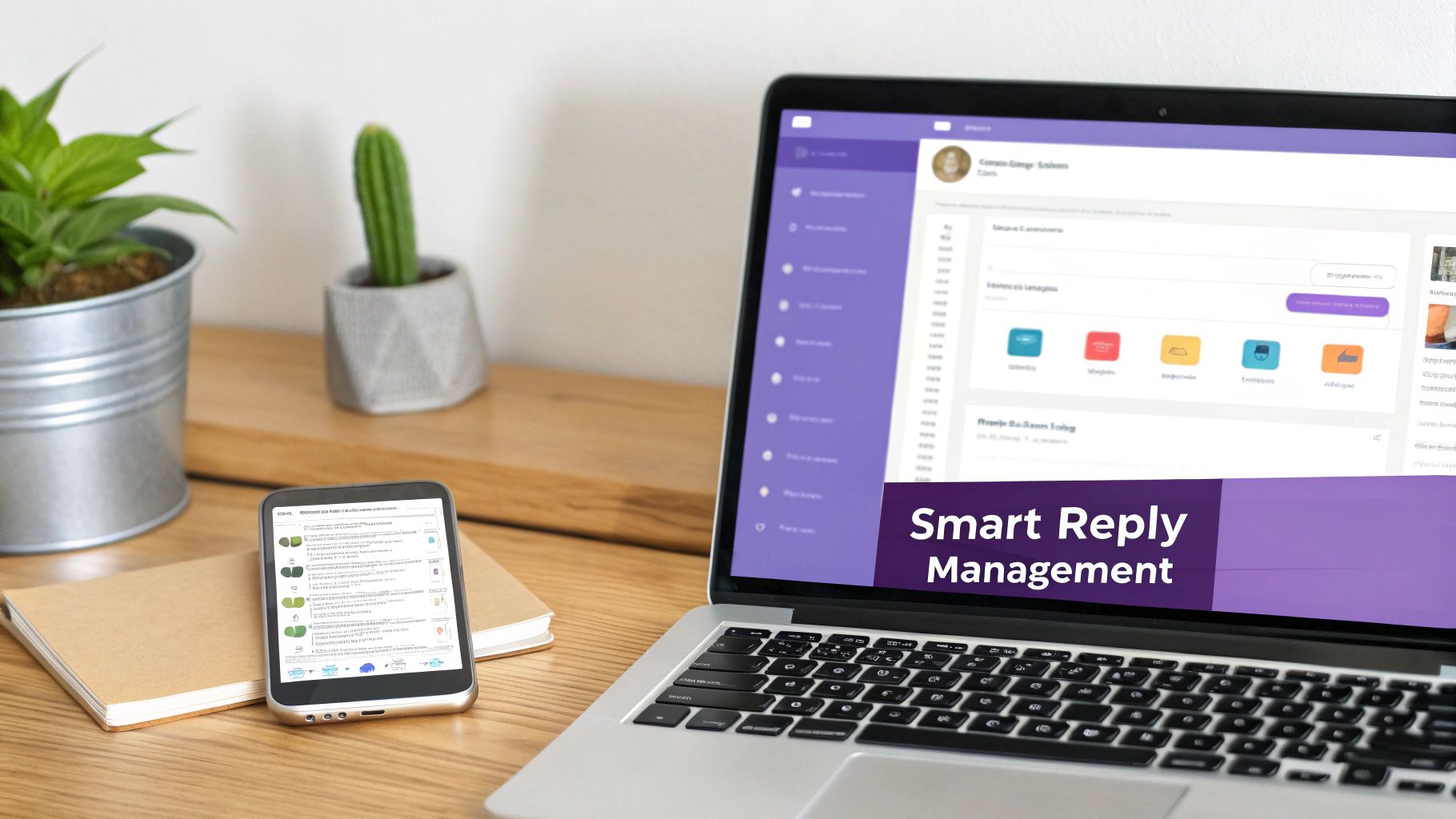 Modern workspace featuring a laptop displaying 'Smart Reply Management' and a phone, on a wooden table.