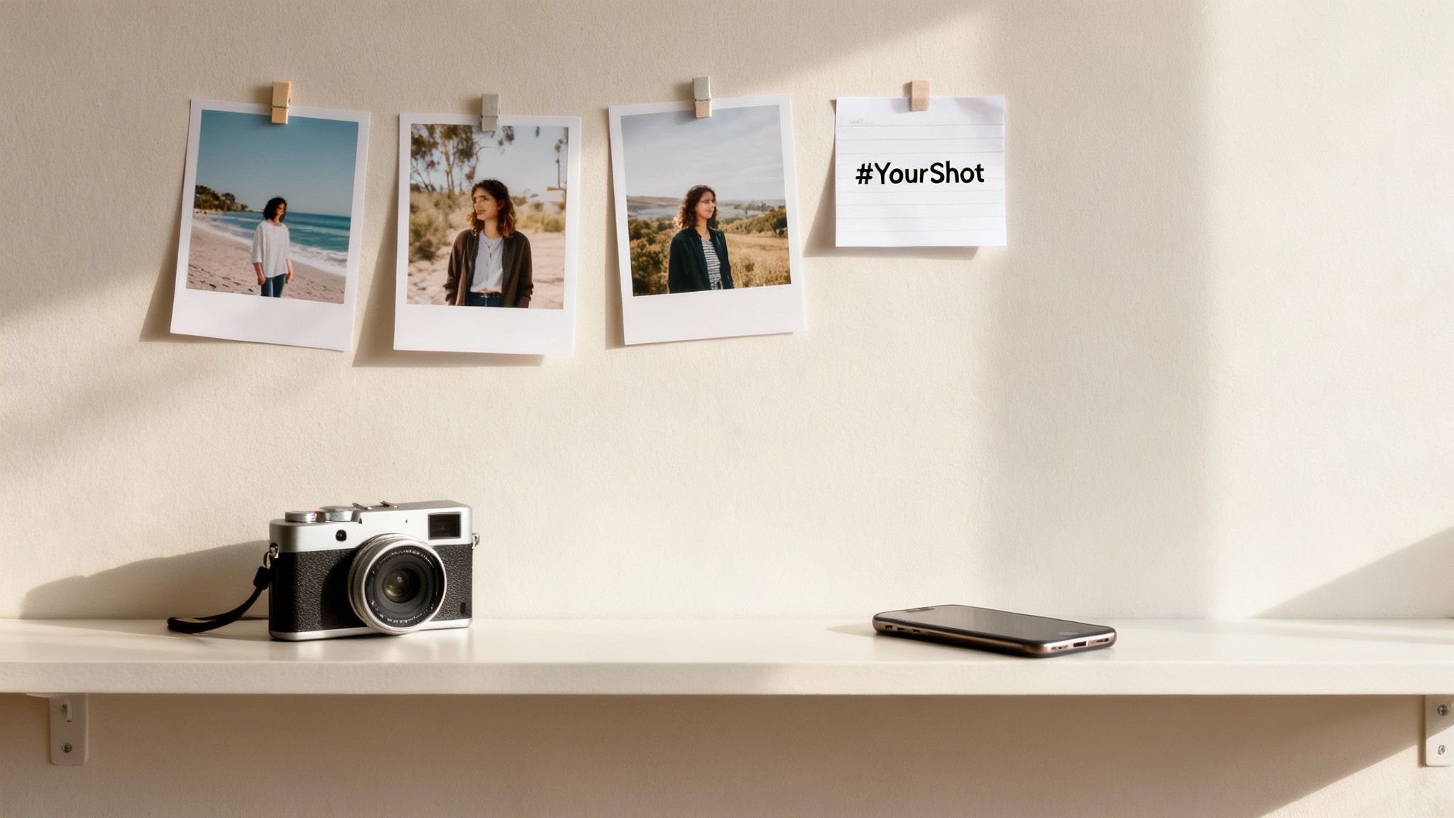 Polaroid-style photos of a young woman, vintage camera, and smartphone on a shelf.