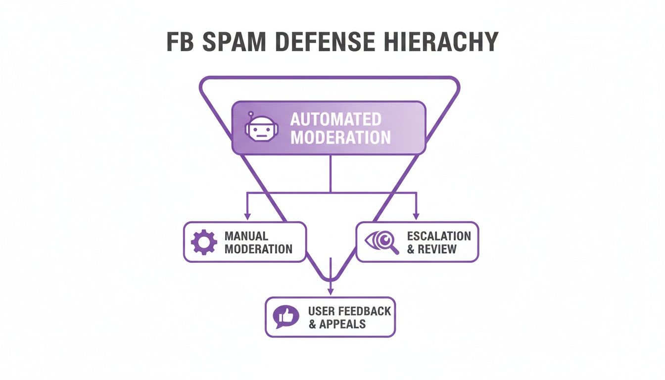 A flowchart illustrating Facebook's spam defense hierarchy from automated moderation to user appeals.