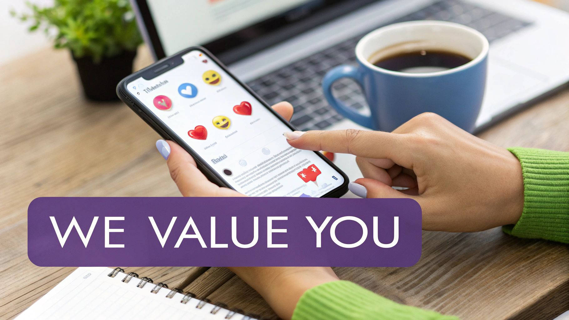 A person's hands holding a smartphone displaying social media emojis, with a laptop and coffee cup in the background.