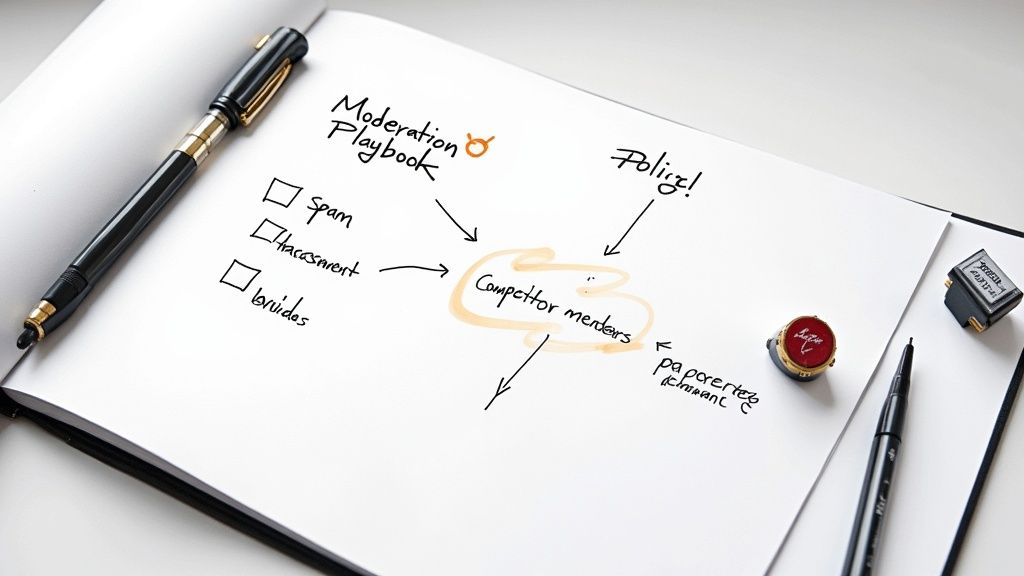 A person writing in a notebook, symbolizing the creation of a playbook for social media content moderation.