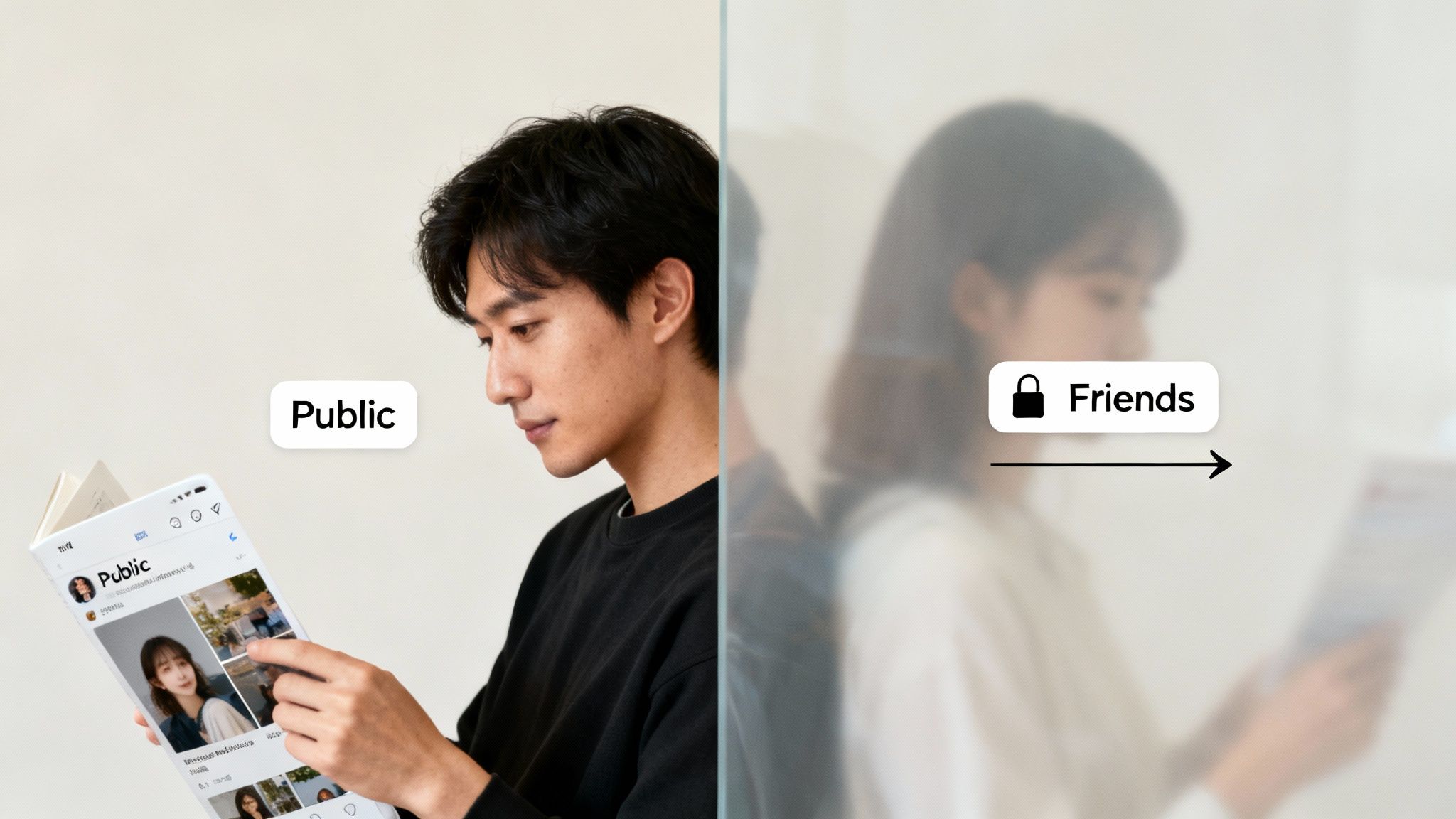 A man views social media content labeled 'Public' while a blurred woman is behind glass with a 'Friends' privacy lock.