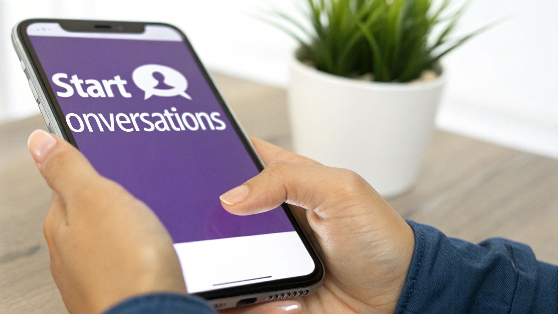 A person holds a smartphone displaying 'Start Conversations' on a purple screen, next to a potted plant.