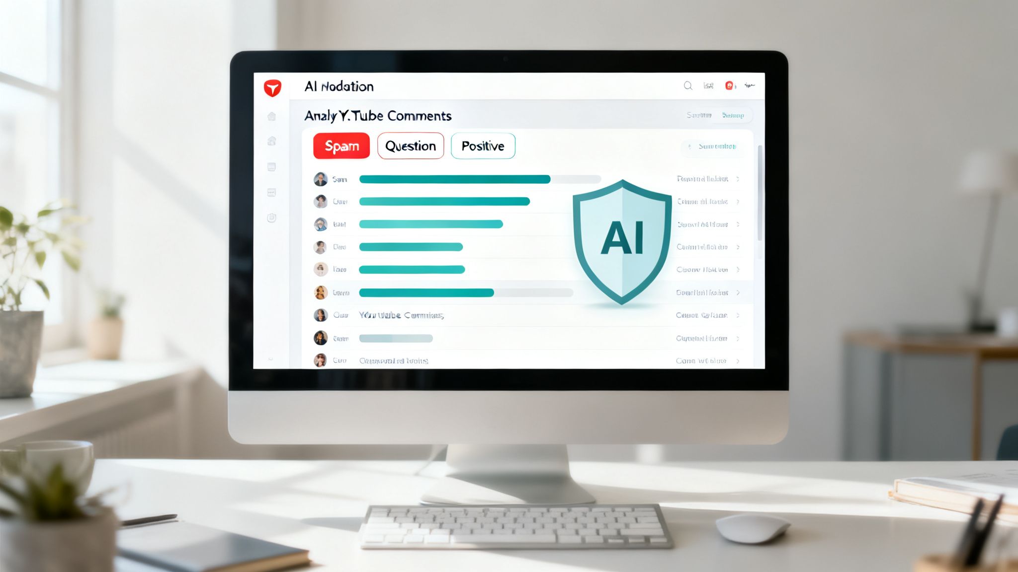 A computer monitor displays an AI-powered YouTube comment moderation tool on a clean white desk.