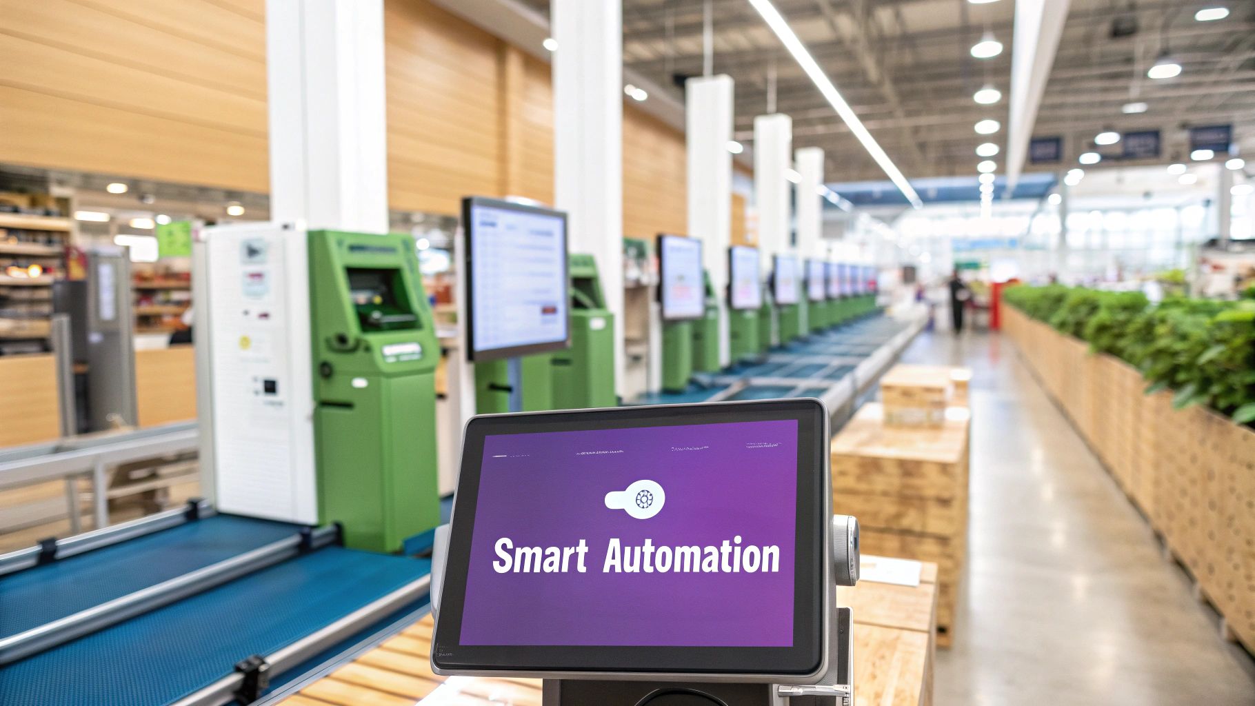 A long line of green automated self-checkout machines with a screen displaying 'Smart Automation'.