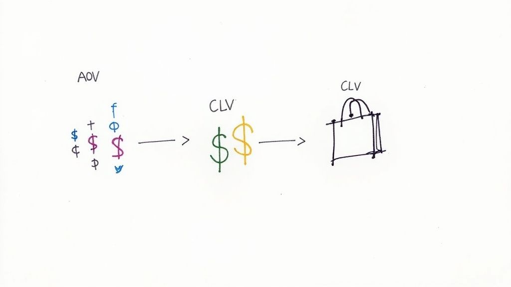 Diagram illustrating the progression from Average Order Value (AOV) to Customer Lifetime Value (CLV), with dollar signs and a shopping bag.