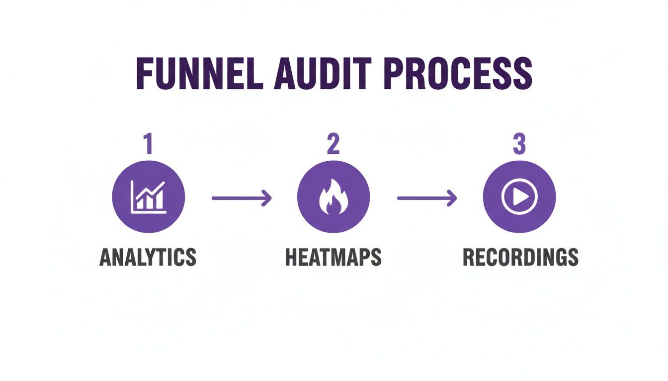 Visual representation of the funnel audit process, outlining steps: analytics, heatmaps, and recordings.
