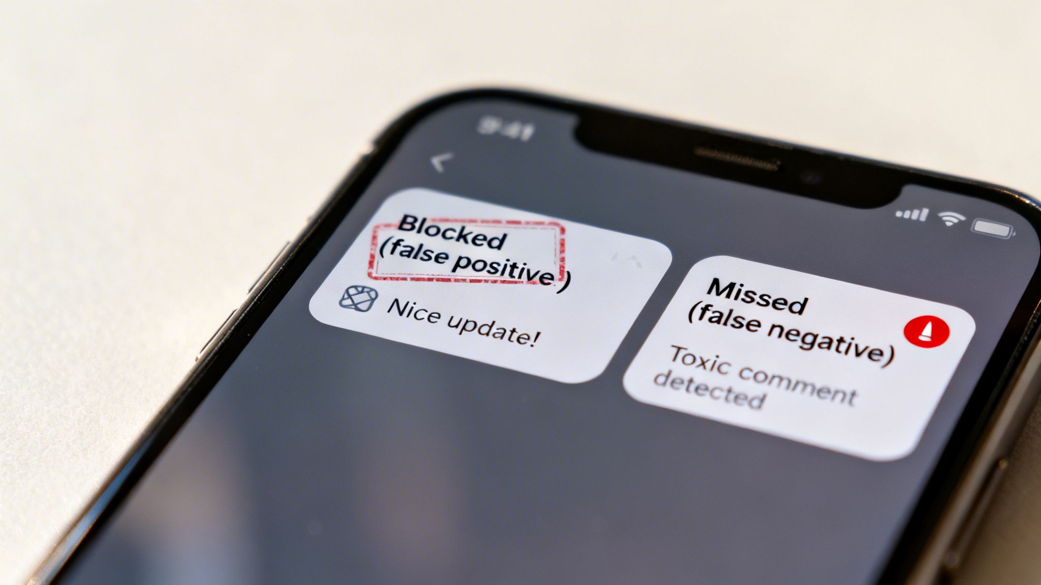 A smartphone screen displays content moderation notifications: a false positive block and a missed toxic comment.